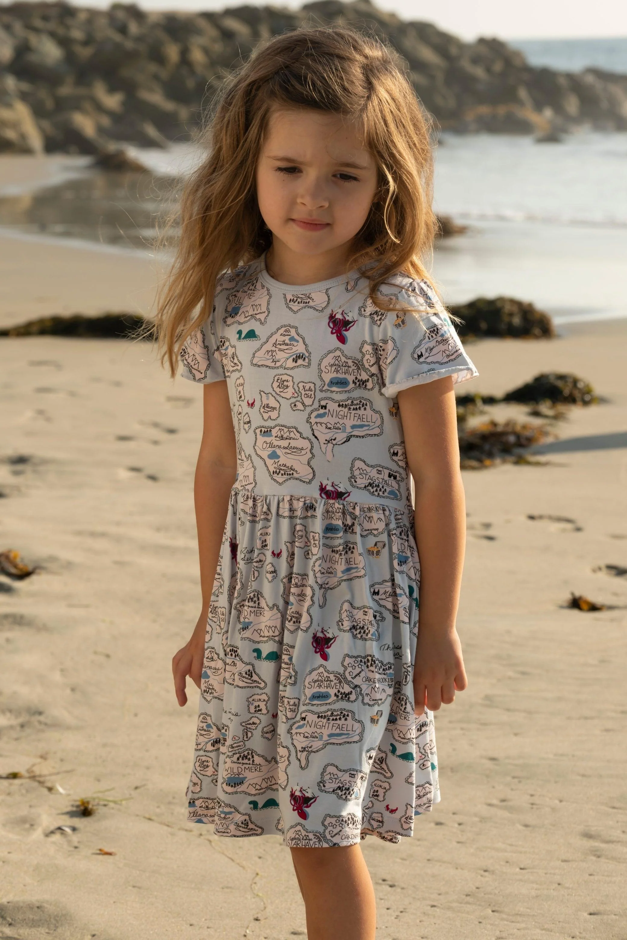 Girl's Print Bamboo Flutter Sleeve Twirl Dress with Pockets - Dew Pirate Map - Image 3