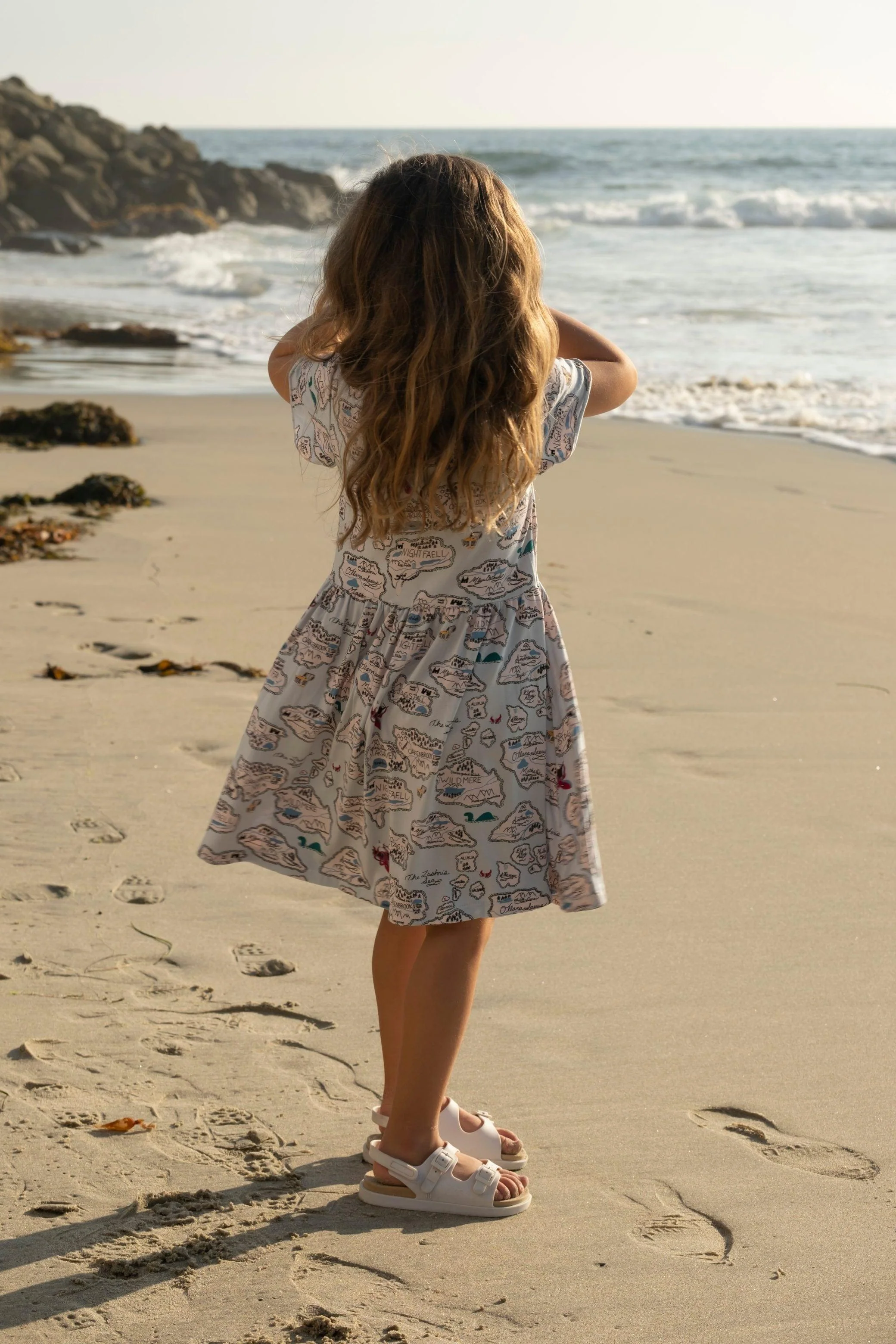 Girl's Print Bamboo Flutter Sleeve Twirl Dress with Pockets - Dew Pirate Map - Image 4
