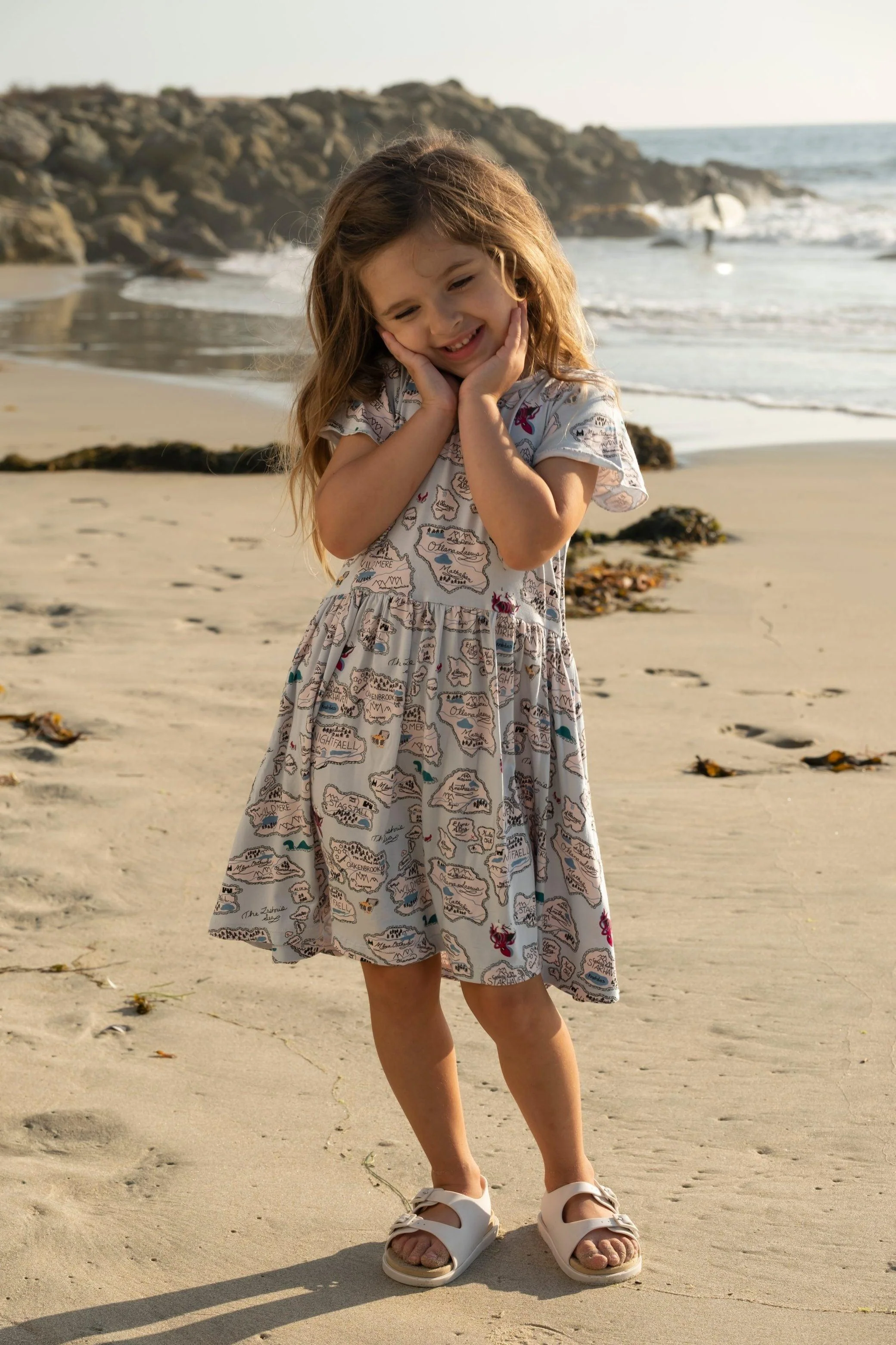 Girl's Print Bamboo Flutter Sleeve Twirl Dress with Pockets - Dew Pirate Map - Image 5