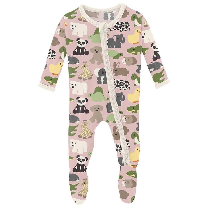 Girl's Print Bamboo Muffin Ruffle Footie with 2-Way Zipper - Baby Rose Too Many Stuffies