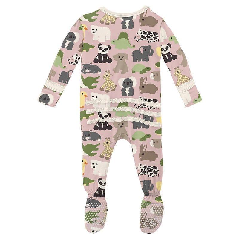 Girl's Print Bamboo Muffin Ruffle Footie with 2-Way Zipper - Baby Rose Too Many Stuffies - Image 2