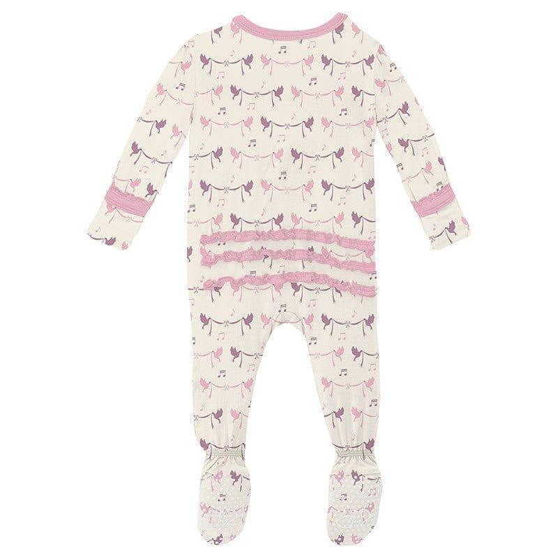 Girl's Print Bamboo Muffin Ruffle Footie with 2-Way Zipper - Natural Bird Banner - Image 2