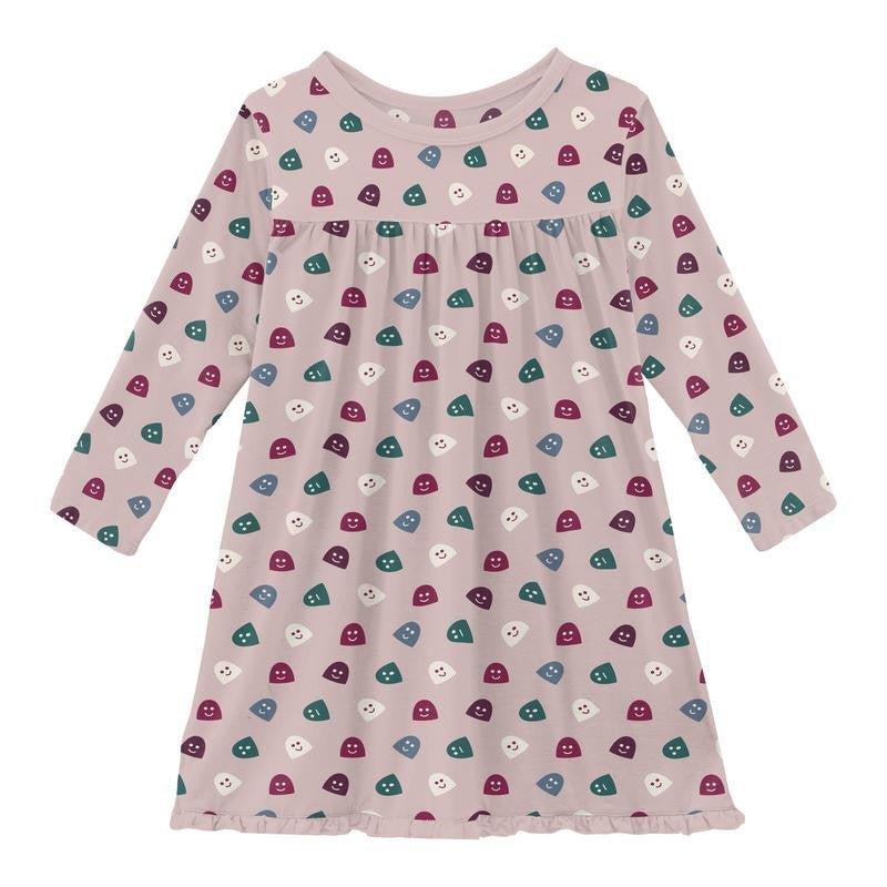 Girl's Print Bamboo Classic Long Sleeve Swing Dress - Baby Rose Happy Gumdrops