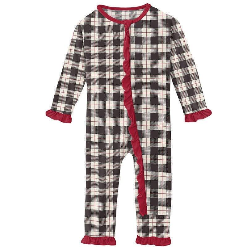 Girl's Print Bamboo Classic Ruffle Coverall with Zipper - Midnight Holiday Plaid