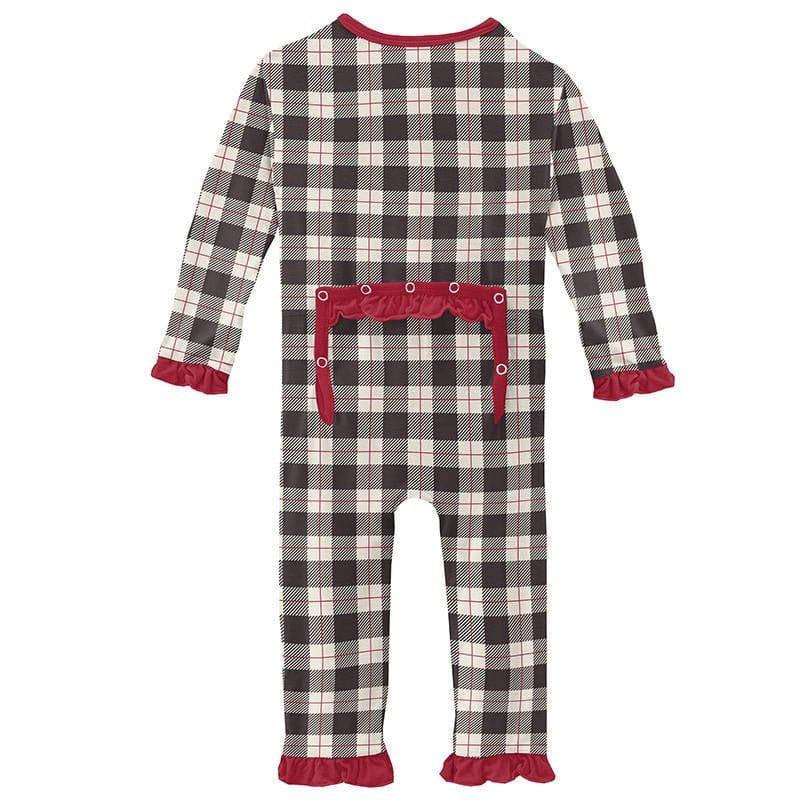 Girl's Print Bamboo Classic Ruffle Coverall with Zipper - Midnight Holiday Plaid - Image 2