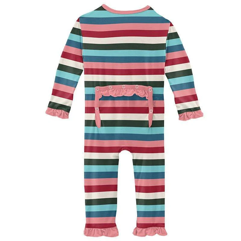 Girl's Print Bamboo Classic Ruffle Coverall with Zipper - Snowball Multi Stripe - Image 2