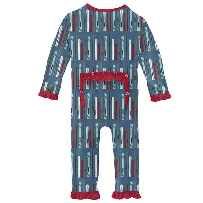 Girl's Print Bamboo Classic Ruffle Coverall with Zipper - Twilight Skis - Image 2