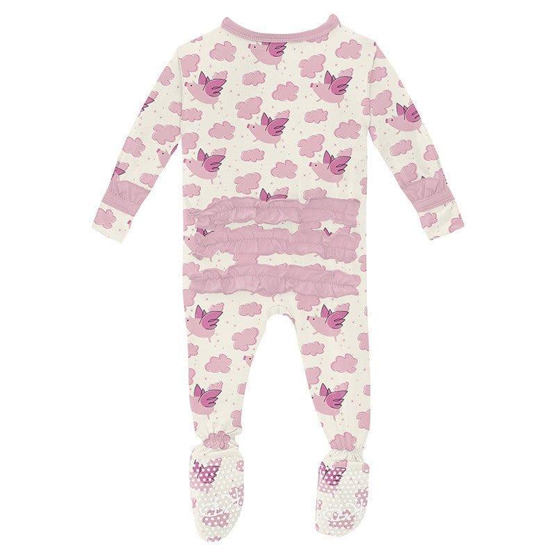 Girl's Print Bamboo Classic Ruffle Footie with 2-Way Zipper - Natural Flying Pigs - Image 2