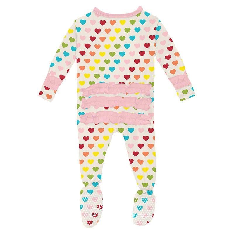 Girl's Print Bamboo Classic Ruffle Footie with 2-Way Zipper - Rainbow Hearts - Image 2