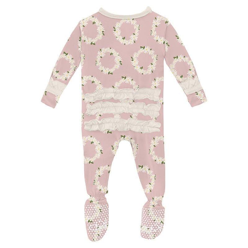 Girl's Print Bamboo Classic Ruffle Footie with Zipper - Baby Rose Daisy Crowns - Image 2