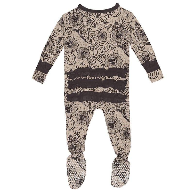 Girl's Print Bamboo Classic Ruffle Footie with Zipper - Burlap Lace - Image 2