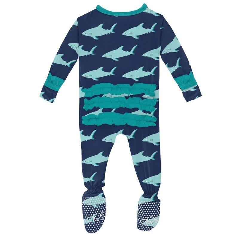 Girl's Print Bamboo Classic Ruffle Footie with Zipper - Flag Blue Sharky - Image 2