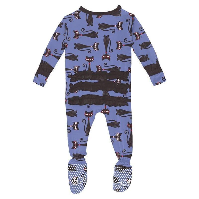 Girl's Print Bamboo Classic Ruffle Footie with Zipper - Forget Me Not Cool Cats - Image 2