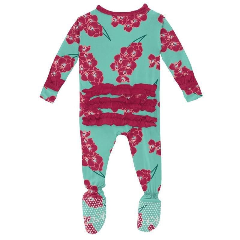 Girl's Print Bamboo Classic Ruffle Footie with Zipper - Glass Orchids - Image 2