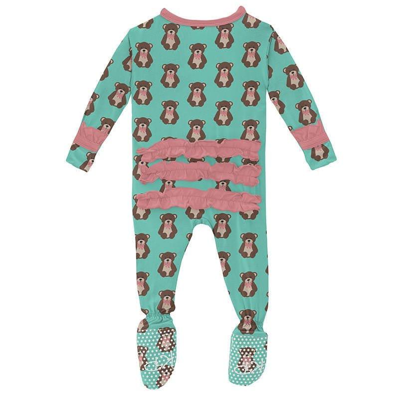 Girl's Print Bamboo Classic Ruffle Footie with Zipper - Glass Teddy Bear - Image 2