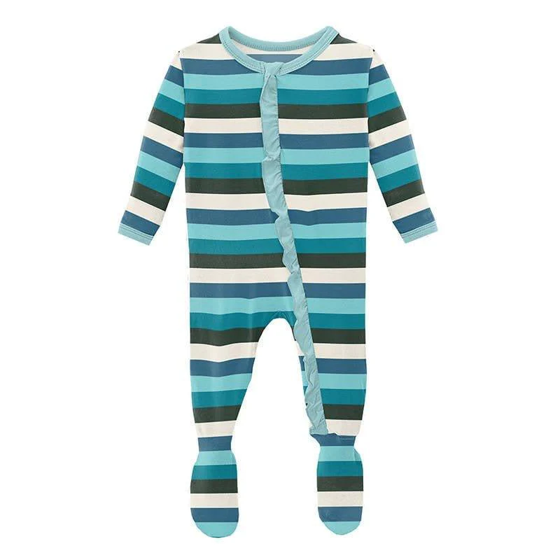 Girl's Print Bamboo Classic Ruffle Footie with Zipper - Ice Multi Stripe