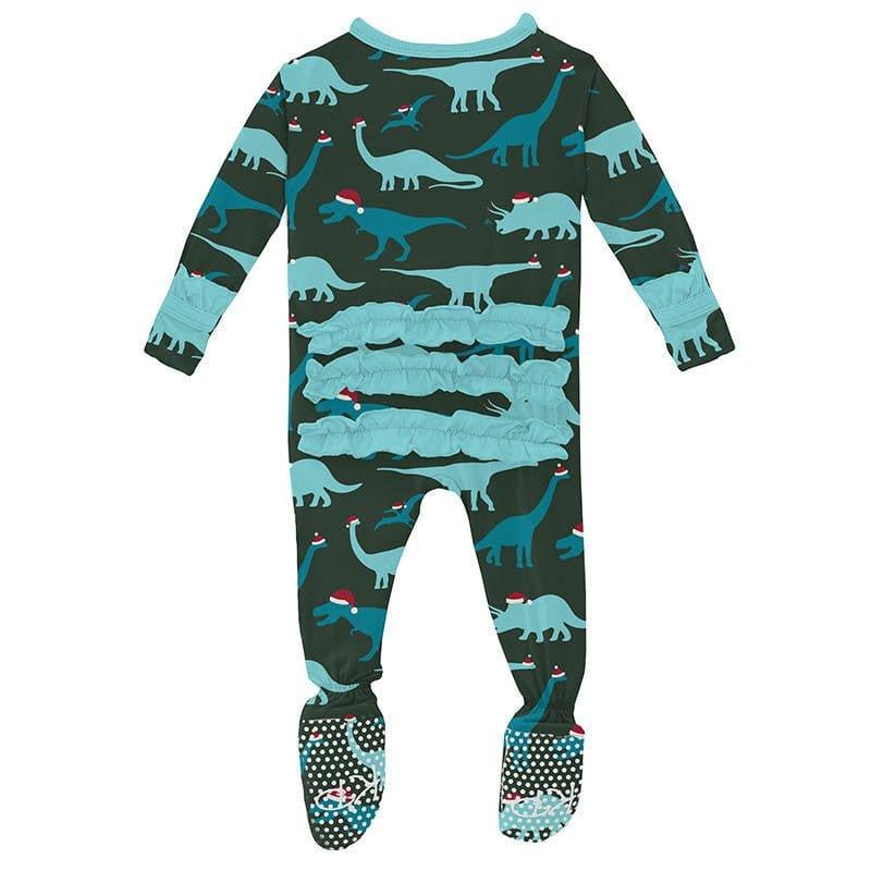 Girl's Print Bamboo Classic Ruffle Footie with Zipper - Santa Dinos - Image 2