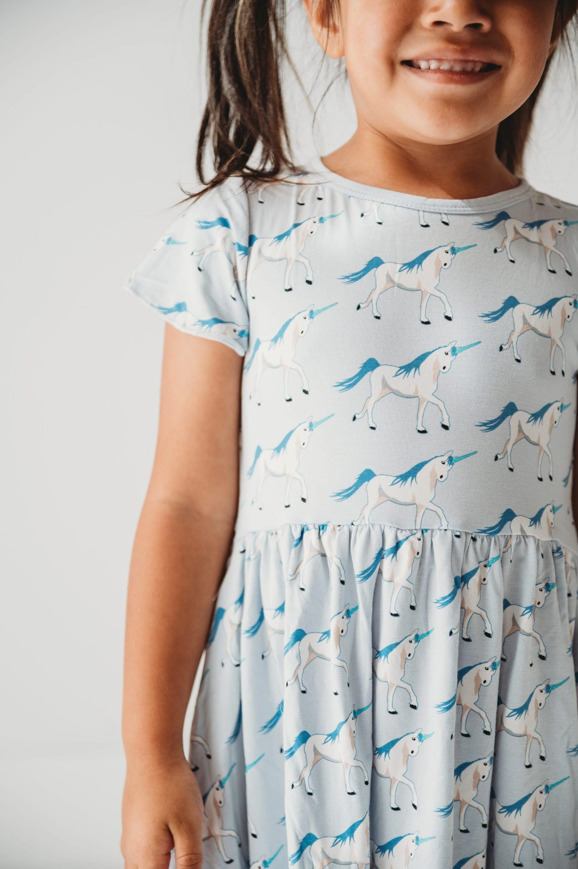 Girl's Print Bamboo Flutter Sleeve Twirl Dress with Pockets - Dew Prancing Unicorn - Image 2