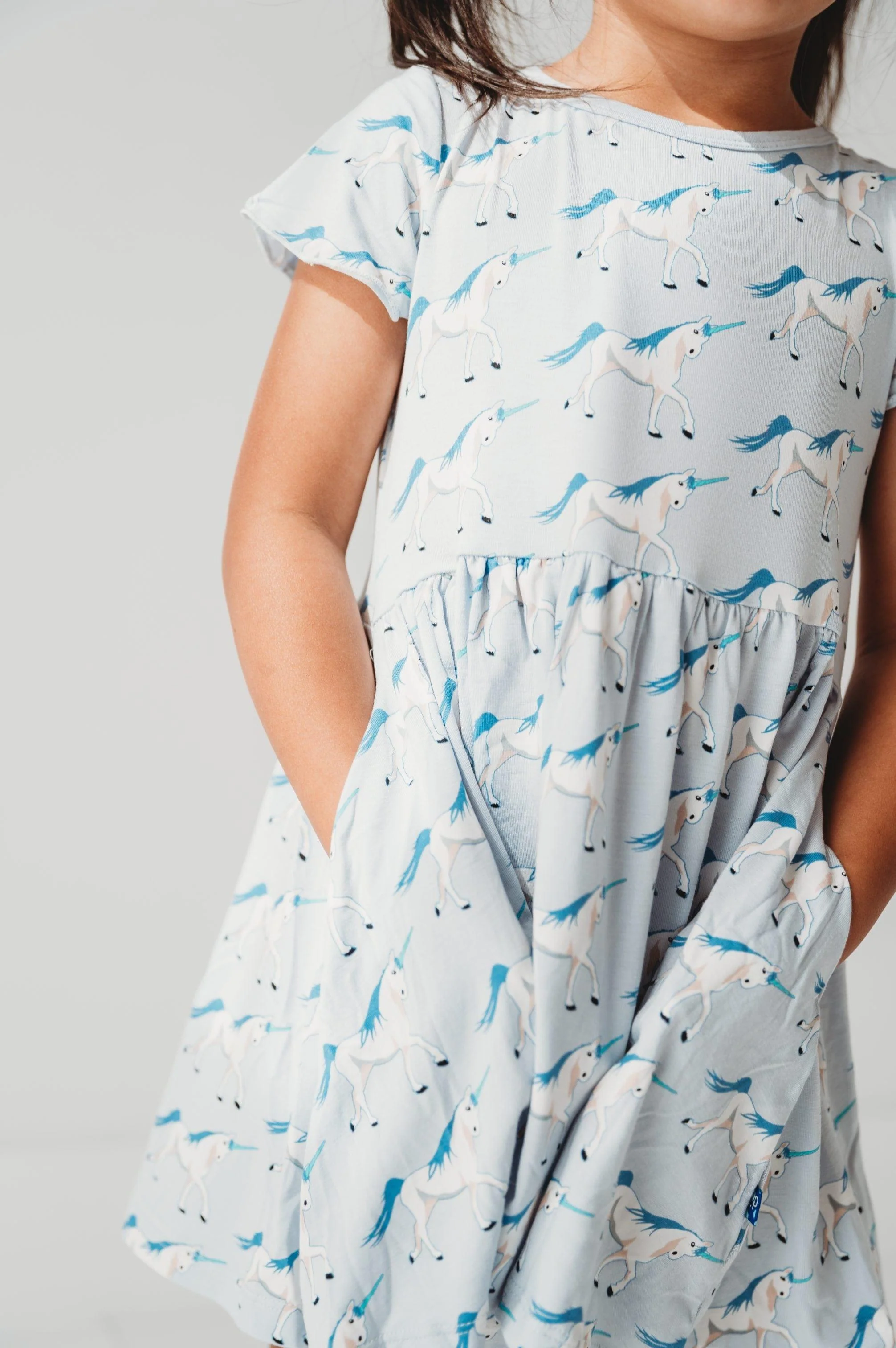 Girl's Print Bamboo Flutter Sleeve Twirl Dress with Pockets - Dew Prancing Unicorn - Image 3