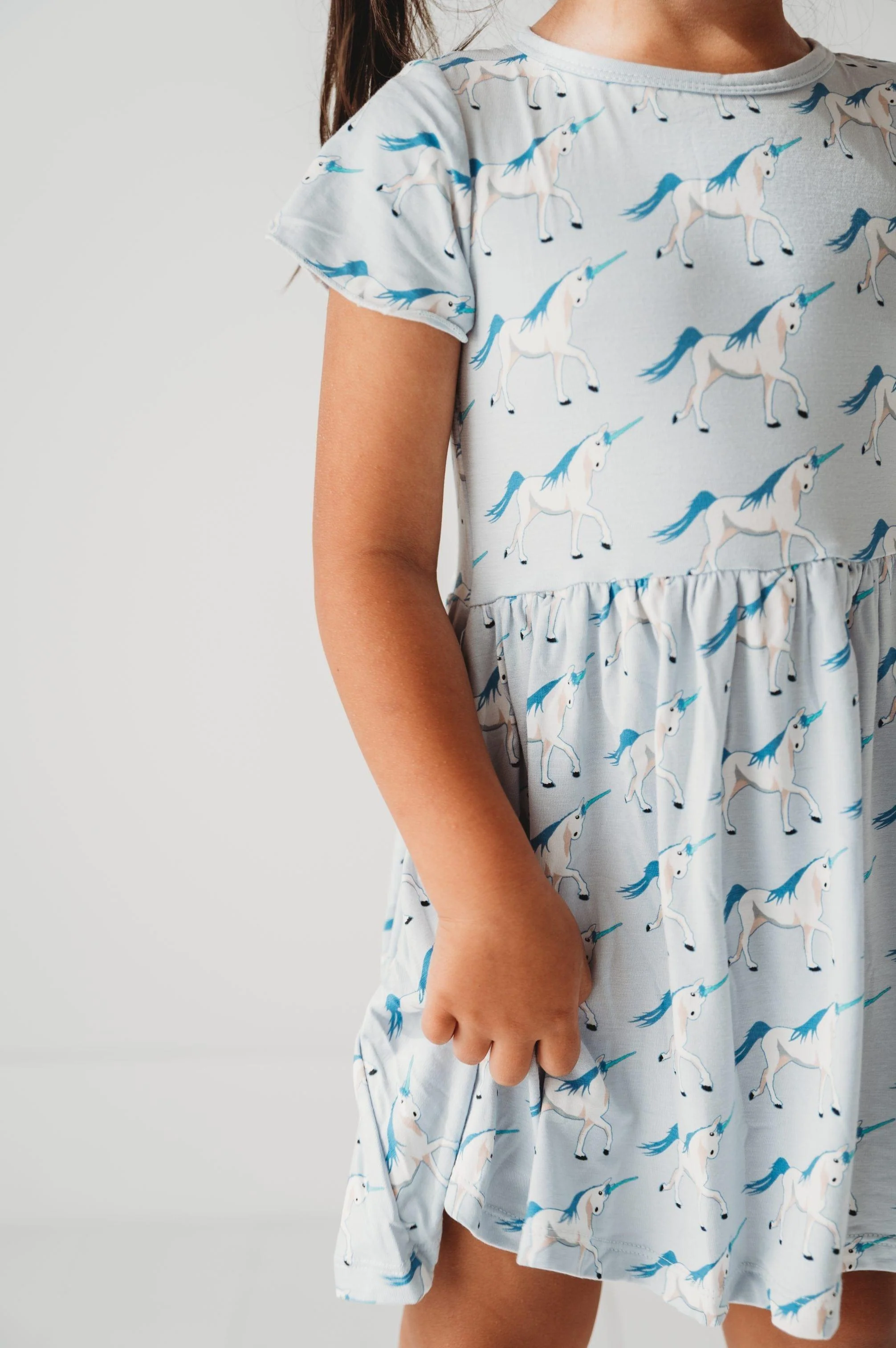 Girl's Print Bamboo Flutter Sleeve Twirl Dress with Pockets - Dew Prancing Unicorn - Image 4