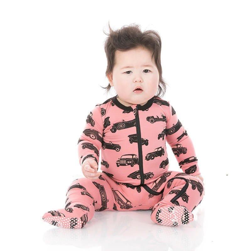 Girl's Print Bamboo Footie with Zipper - Desert Rose Vintage Cars - Image 2