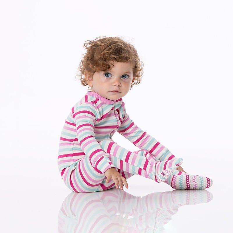 Girl's Print Bamboo Footie with Zipper - Sock Hop Stripe - Image 2