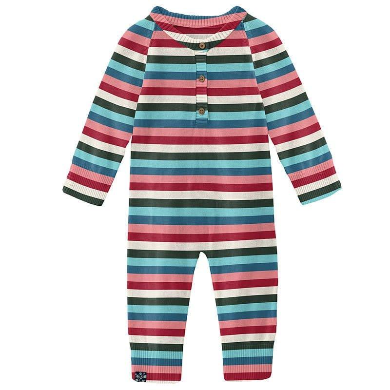 Girl's Print Bamboo Knitted Henley Romper - Snowball Multi Stripe