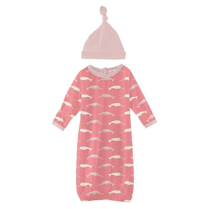 Girl's Print Bamboo Layette Gown & Single Knot Hat Set - Strawberry Narwhal