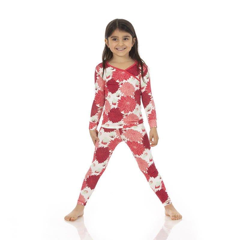Girl's Print Bamboo Long Sleeve Kimono Pajama Set - Natural Dahlias - Image 2