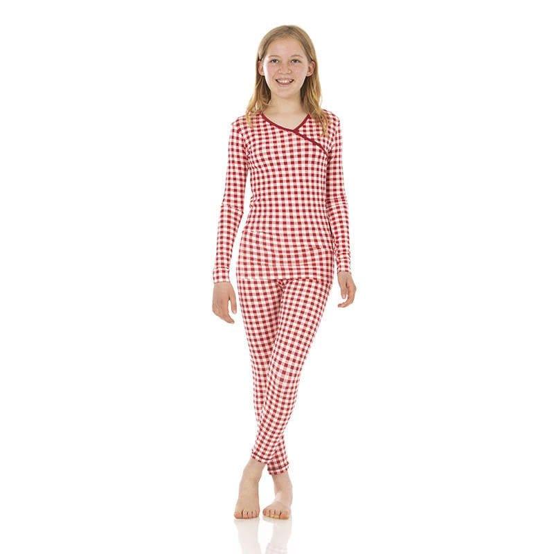 Girl's Print Bamboo Long Sleeve Kimono Pajama Set - Wild Strawberry Gingham - Image 2