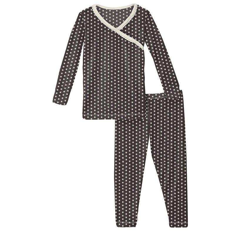Girl's Print Bamboo Long Sleeve Scallop Kimono Pajama Set - Midnight Tiny Snowflakes