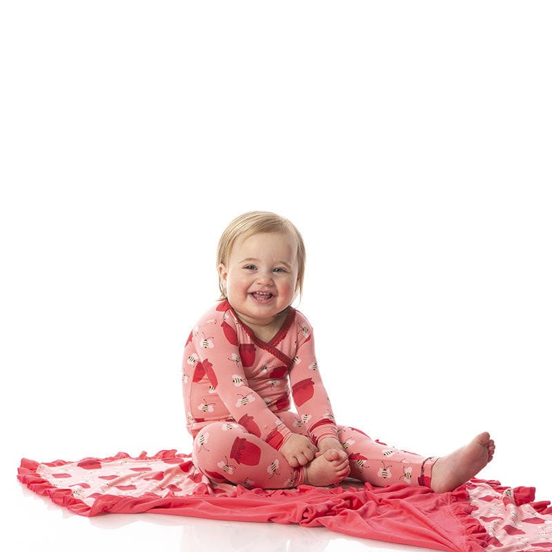 Girl's Print Bamboo Long Sleeve Scallop Kimono Pajama Set - Strawberry Bees & Jam - Image 2