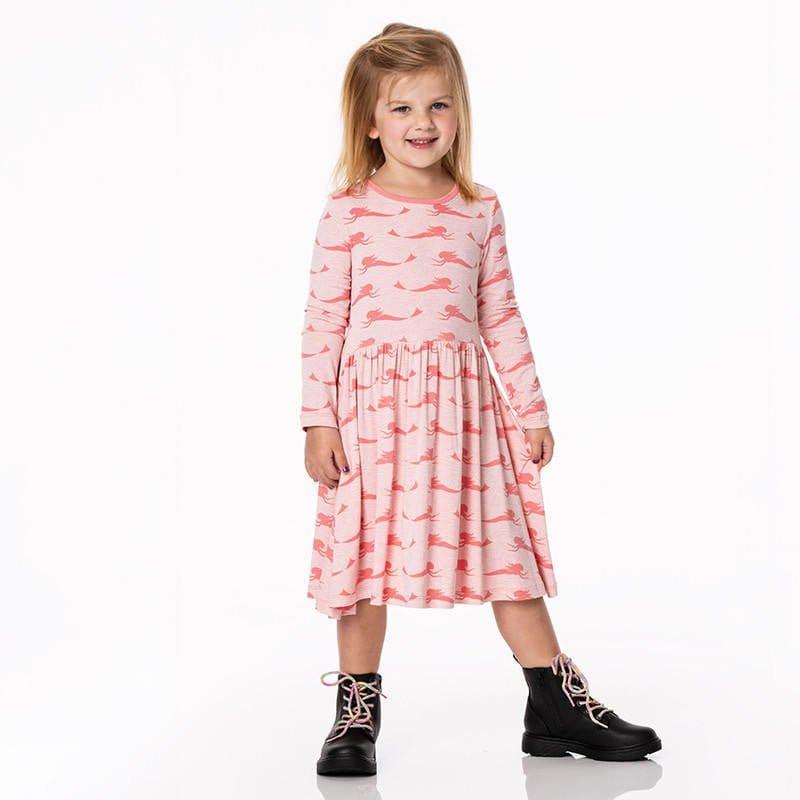 Girl's Print Bamboo Long Sleeve Twirl Dress - Baby Rose Mermaid - Image 2