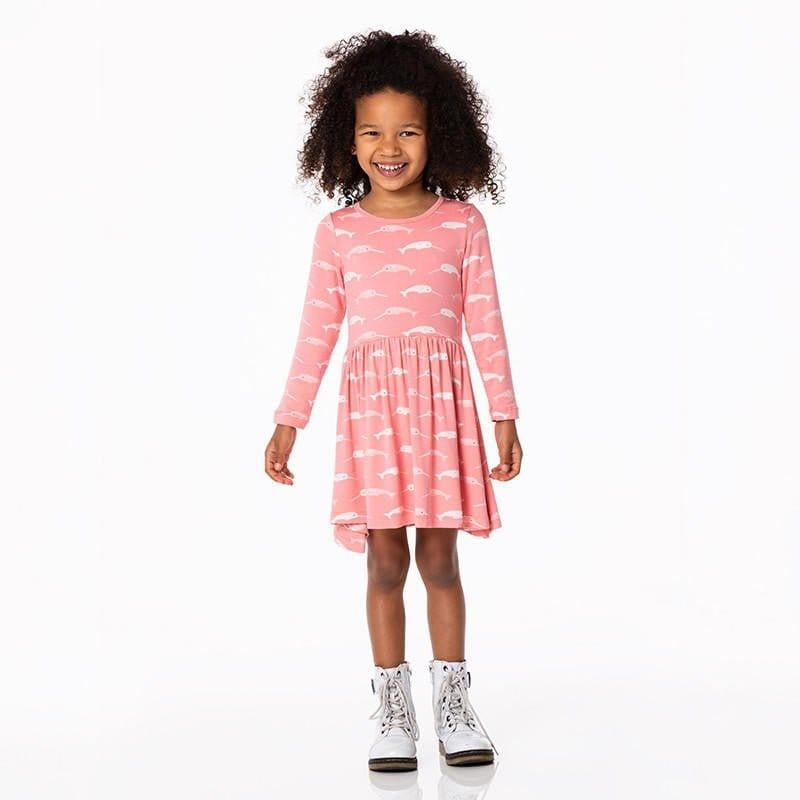 Girl's Print Bamboo Long Sleeve Twirl Dress - Strawberry Narwhal - Image 2
