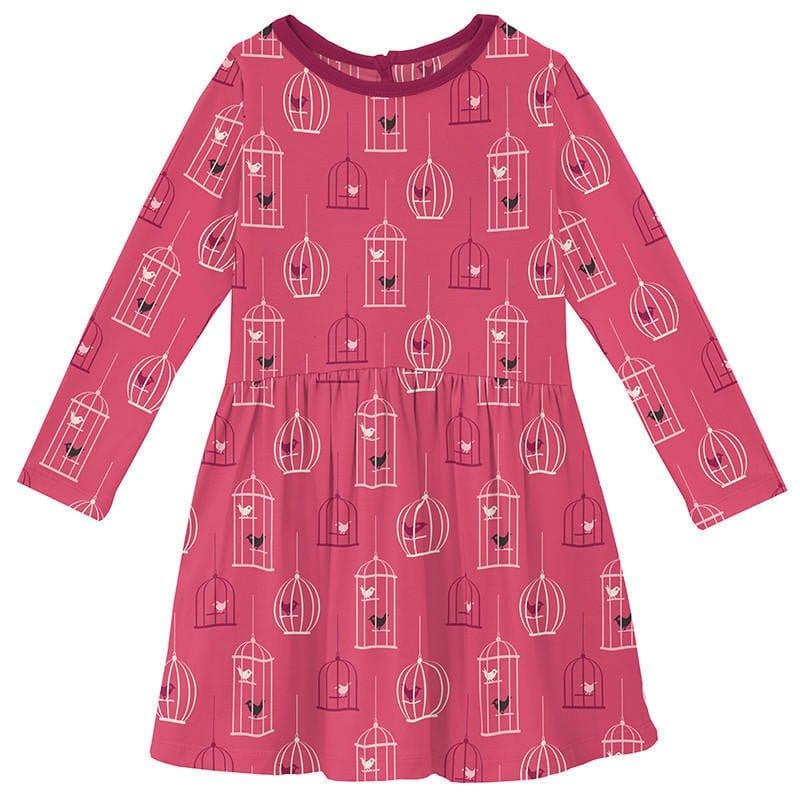 Girl's Print Bamboo Long Sleeve Twirl Dress - Winter Rose Birdcage (15ANV)