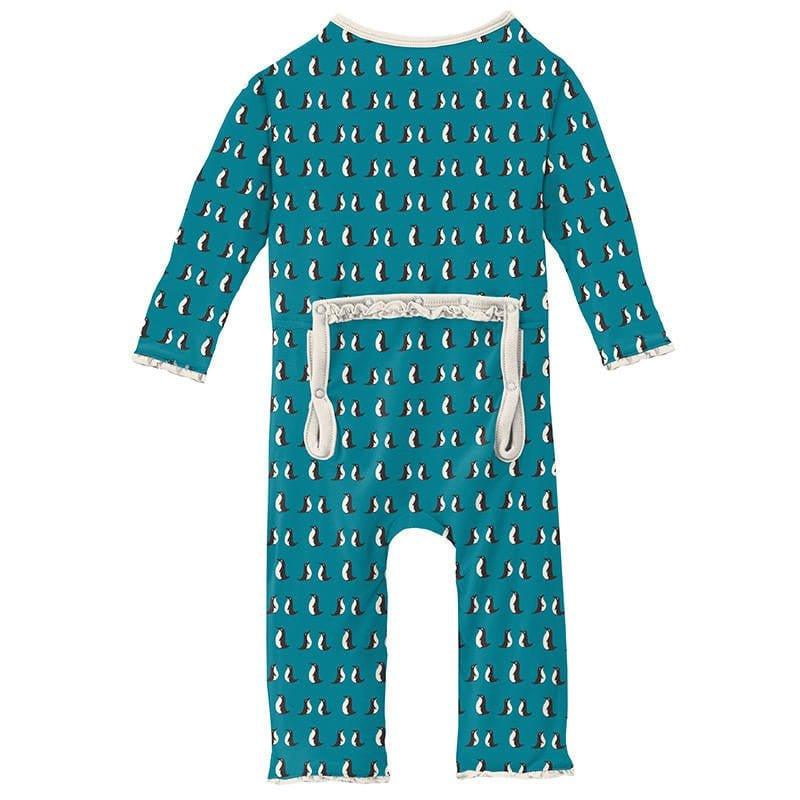 Girl's Print Bamboo Muffin Ruffle Coverall with Zipper - Bay Penguins - Image 2