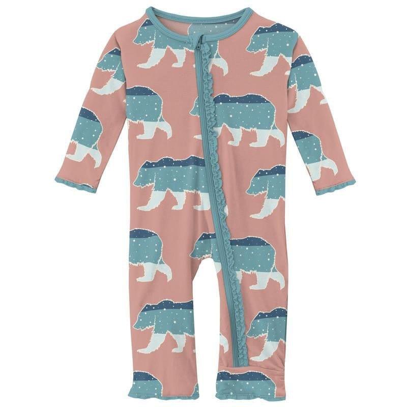 Girl's Print Bamboo Muffin Ruffle Coverall with Zipper - Blush Night Sky Bear