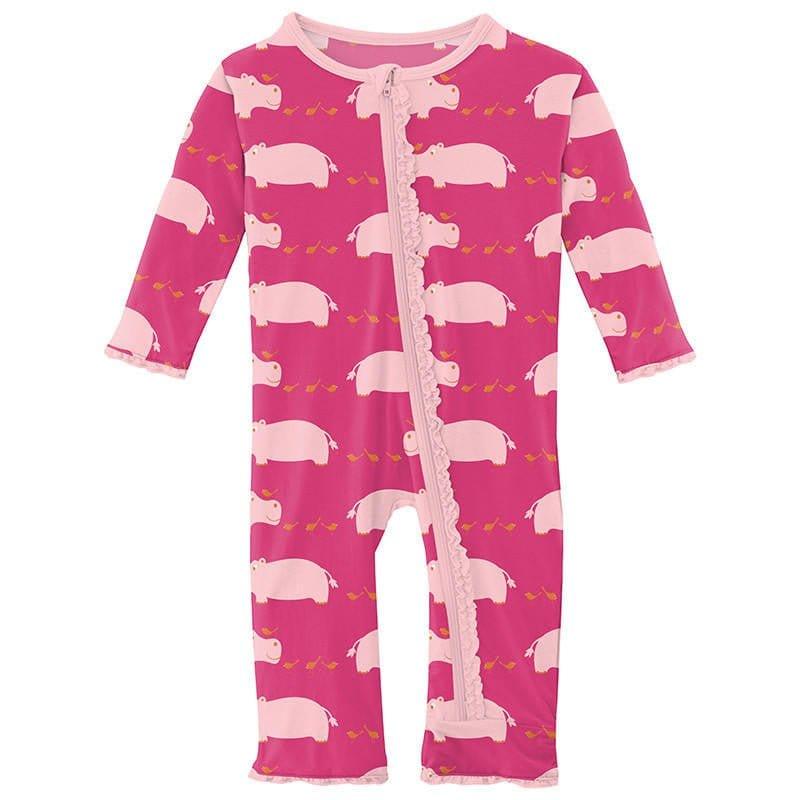 Girl's Print Bamboo Muffin Ruffle Coverall with Zipper - Calypso Hippo
