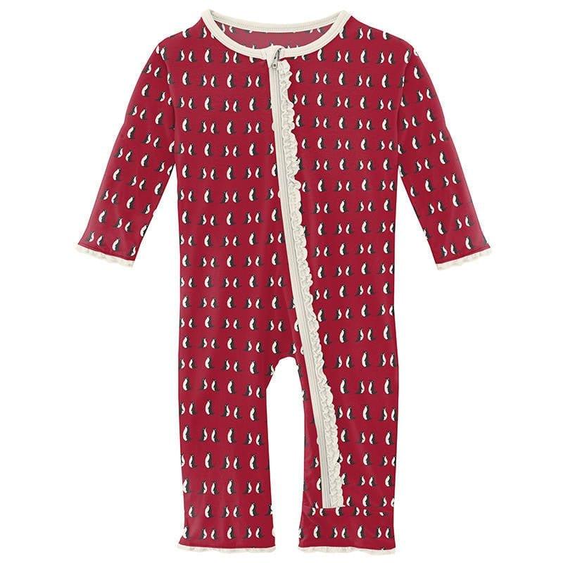 Girl's Print Bamboo Muffin Ruffle Coverall with Zipper - Crimson Penguins