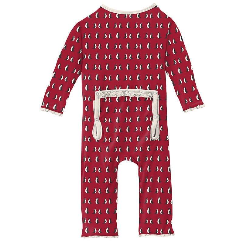 Girl's Print Bamboo Muffin Ruffle Coverall with Zipper - Crimson Penguins - Image 2