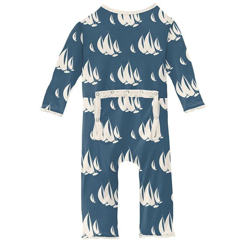 Girl's Print Bamboo Muffin Ruffle Coverall with Zipper - Deep Sea Sailboat Race - Image 2