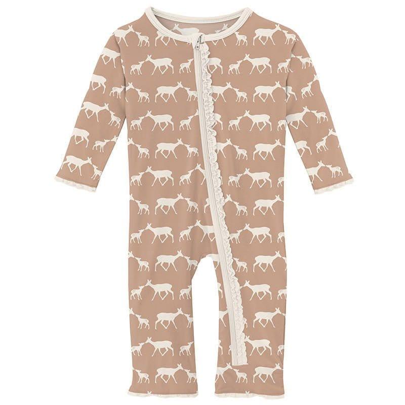 Girl's Print Bamboo Muffin Ruffle Coverall with Zipper - Doe and Fawn (15ANV)