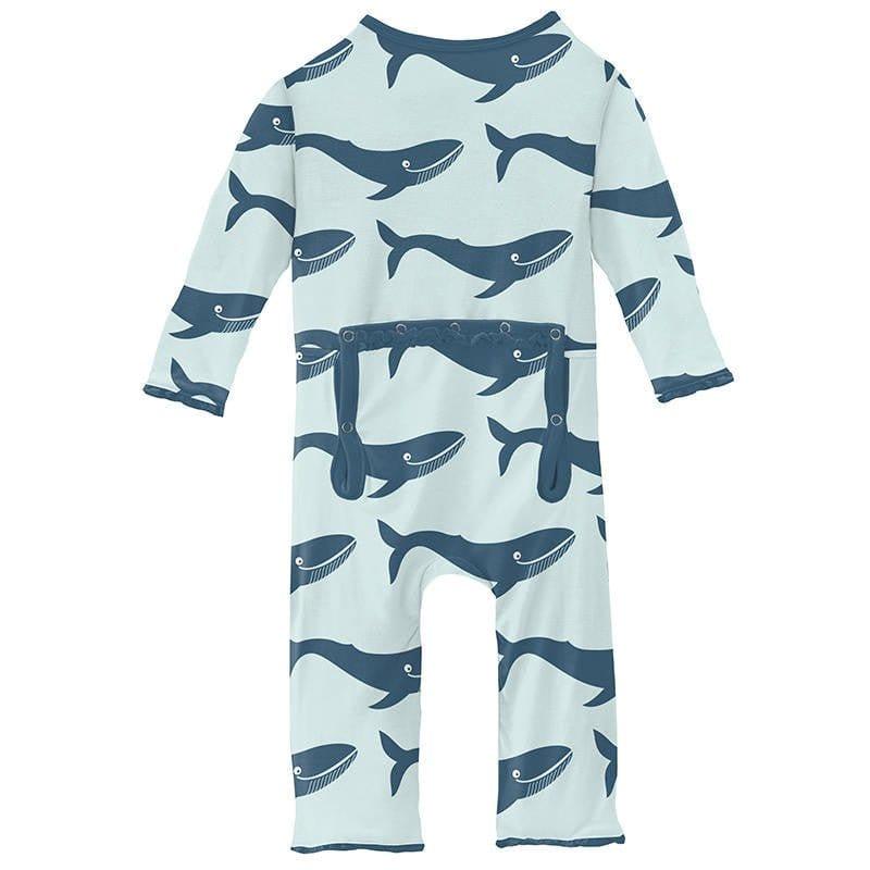 Girl's Print Bamboo Muffin Ruffle Coverall with Zipper - Fresh Air Blue Whales - Image 2