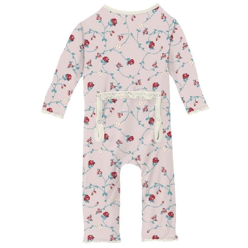 Girl's Print Bamboo Muffin Ruffle Coverall with Zipper - Macaroon Floral Vines - Image 2
