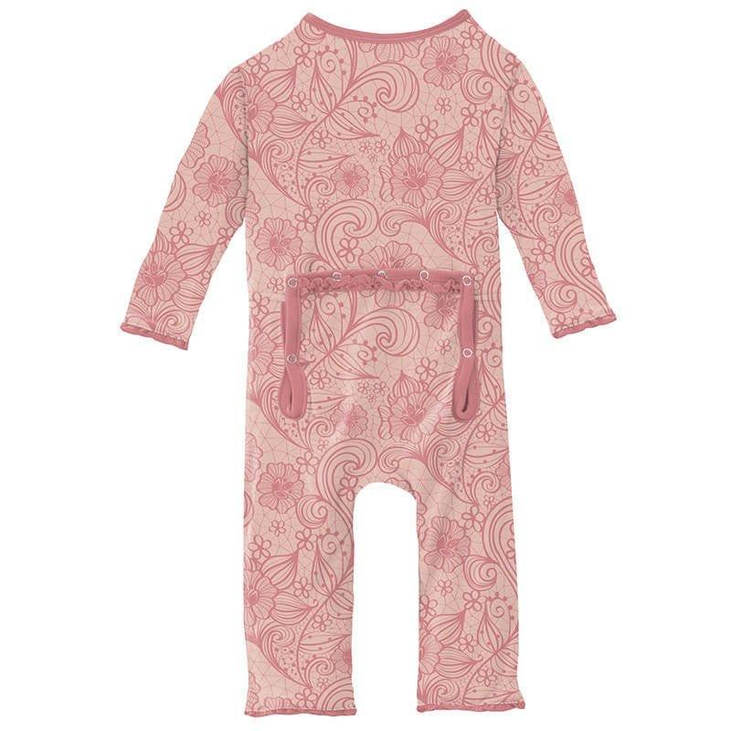 Girl's Print Bamboo Muffin Ruffle Coverall with Zipper - Peach Blossom Lace - Image 2
