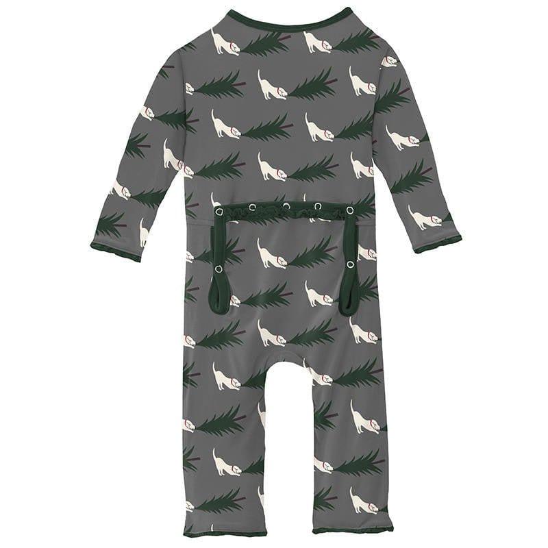 Girl's Print Bamboo Muffin Ruffle Coverall with Zipper - Pewter Christmas Tree Drag - Image 2