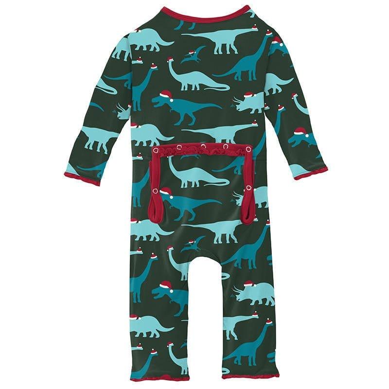 Girl's Print Bamboo Muffin Ruffle Coverall with Zipper - Santa Dinos - Image 2