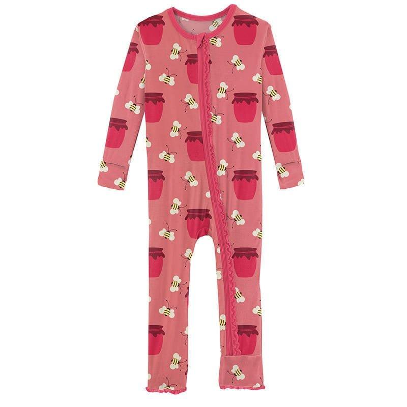 Girl's Print Bamboo Muffin Ruffle Coverall with Zipper - Strawberry Bees & Jam