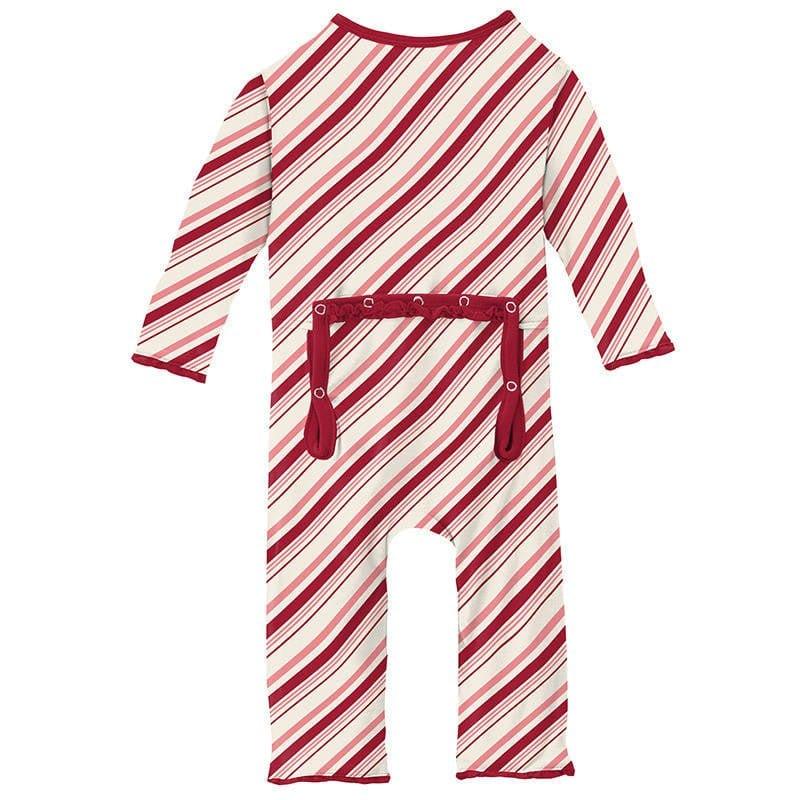 Girl's Print Bamboo Muffin Ruffle Coverall with Zipper - Strawberry Candy Cane Stripe - Image 2
