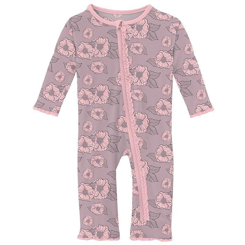 Girl's Print Bamboo Muffin Ruffle Coverall with Zipper - Sweet Pea Poppies (15ANV)